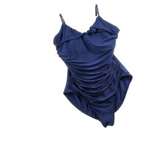 Magicsuit Navy Blue Ruched One Piece Swimsuit Silver Bead Straps Womens 14